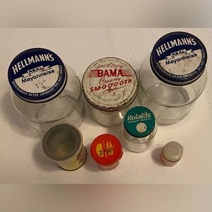 Vintage Glass Jars, Tin Can, Plastic Bottle. Hellmans, BAMA, Oscar Mayer